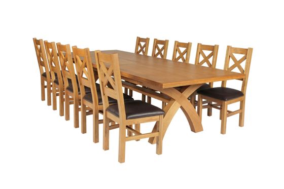 Country Oak 340cm Extending Cross Leg Square Table and 10 Windermere Brown Leather Chairs