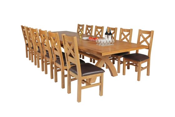 Country Oak 340cm Extending Cross Leg Square Table and 12 Windermere Brown Leather Chairs