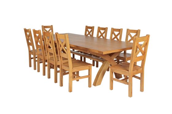 Country Oak 340cm Extending Cross Leg Square Table and 10 Windermere Timber Seat Chairs