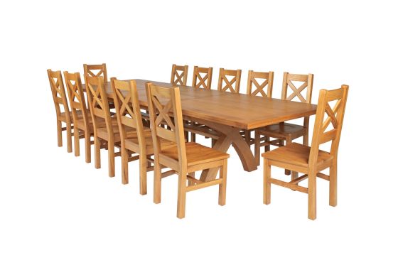 Country Oak 340cm Extending Cross Leg Square Table and 12 Windermere Timber Seat Chairs