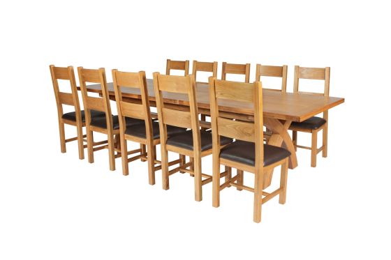Country Oak 340cm Extending Cross Leg Square Table and 10 Chester Brown Leather Chairs