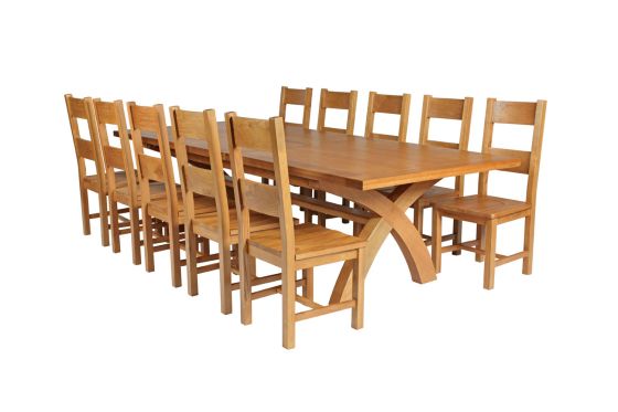 Country Oak 340cm Extending Cross Leg Square Table and 10 Chester Timber Seat Chairs