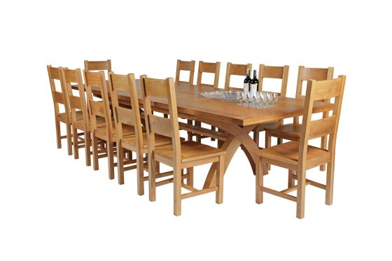 Country Oak 340cm Extending Cross Leg Square Table and 12 Chester Timber Seat Chairs
