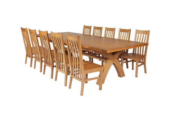 Country Oak 340cm Extending Cross Leg Square Table and 10 Chelsea Timber Seat Chairs