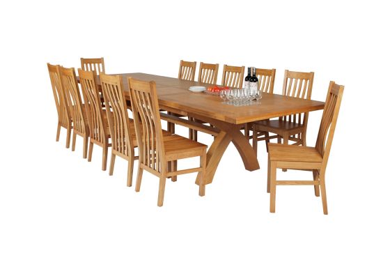Country Oak 340cm Extending Cross Leg Square Table and 12 Chelsea Timber Seat Chairs