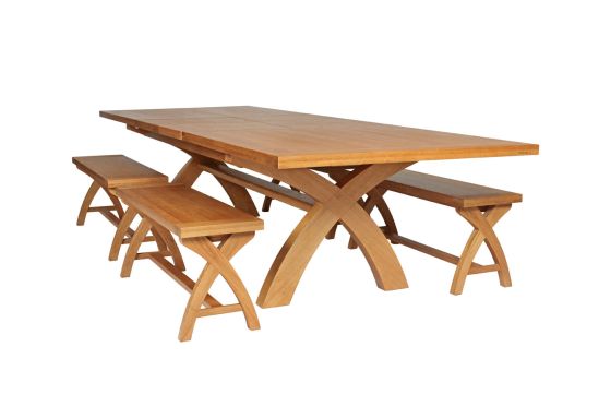 Country Oak 340cm Extending Cross Leg Table and 4 120cm Cross Leg Bench Set