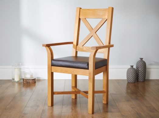 Grasmere Oak Carver Dining Chair With Brown Leather Seat - 20% OFF WINTER SALE