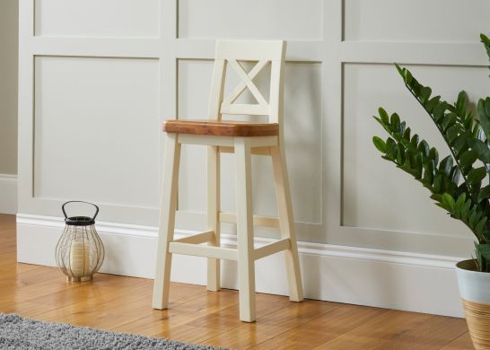 Billy Cross Back Cream Painted Tall Bar Stool with Oak Seat