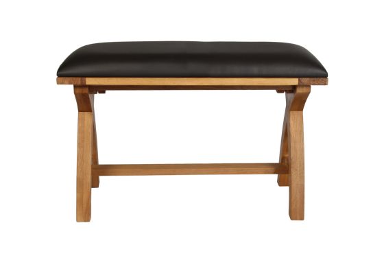 Country Oak 80cm Brown Leather Cross Leg Bench - 25% OFF SPRING SALE