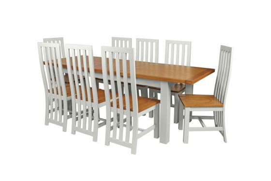 Country Oak 230cm Grey Painted Extending Dining Table and 8 Dorchester Grey Painted Chairs
