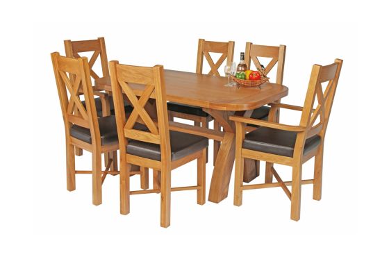 Country Oak 140cm X Leg Oval Table 4 Grasmere Brown Leather Chairs and 2 Matching Carvers - SPRING SALE