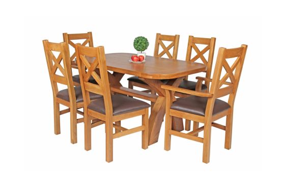 Country Oak 140cm X Leg Oval Table 4 Windermere Brown Leather Chairs and 2 Windermere Carver Chairs - WINTER SALE
