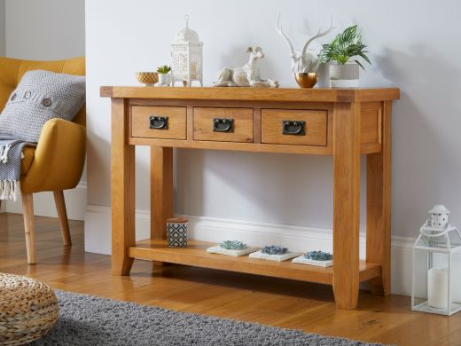 Country Oak 3 Drawer Console Table, Hallway storage furniture