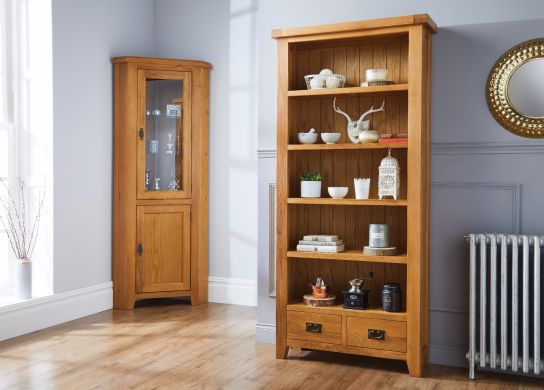 Country Oak Tall Fully Assembled Bookcase with Drawers - SPRING SALE
