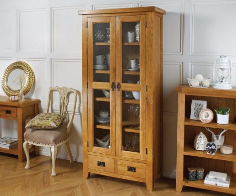 Country Oak Tall Glass Display Cabinet Unit - WINTER SALE