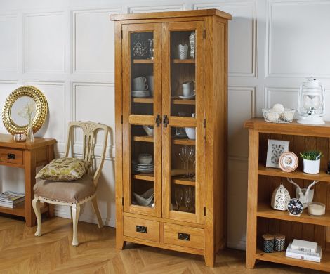 Country Oak Tall Glass Assembled Display Cabinet Unit - SPRING SALE