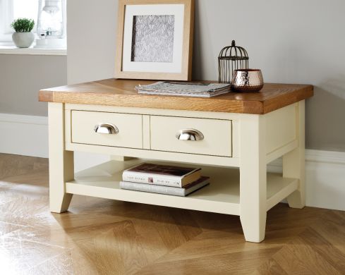 Country Cottage Cream Painted Oak Coffee Table With Drawers - SPRING SALE