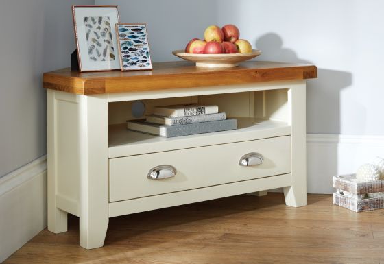Country Cottage Cream Painted Corner TV Unit With Drawer - SPRING SALE