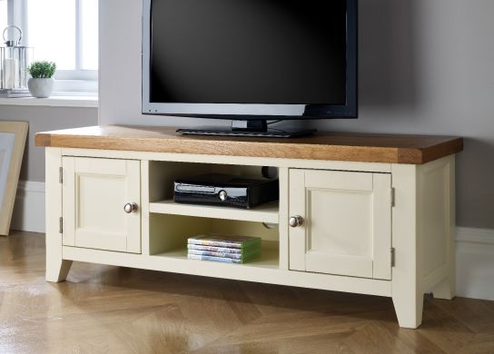 Country Cottage Cream Painted Large Double Door Oak TV Unit - SPRING SALE