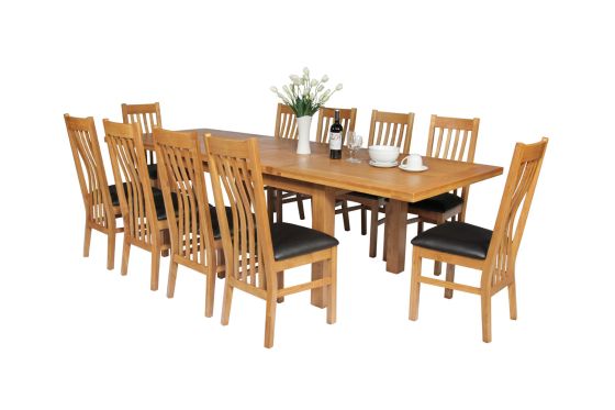 Country Oak 280cm Standard Leg Extending Table 10 Chelsea Brown Leather Chairs Set - SPRING SALE