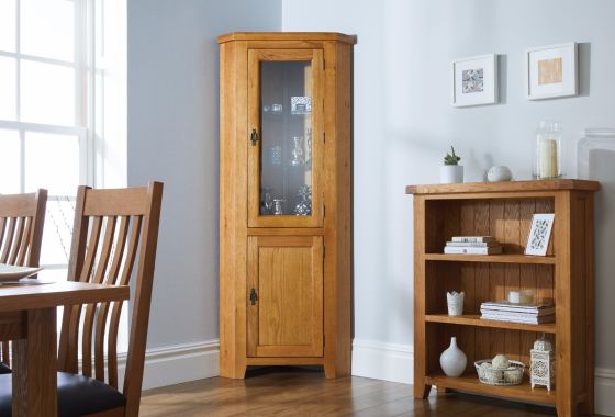 Country Oak Tall Glass Corner Display Cabinet - 10% OFF CODE SAVE