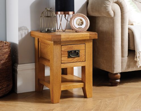 Country Oak Petite Lamp Table With Drawer Shelf - 10% OFF CODE SAVE
