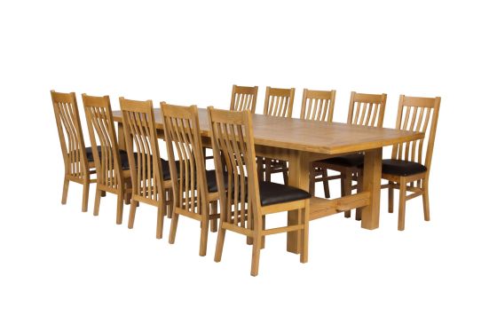 Chateaux 340cm Double Extending Solid Oak Table 10 Chelsea Brown Leather Oak Chair Set - SPRING SALE