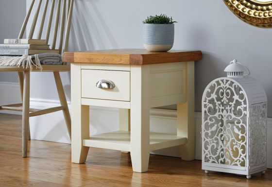 Country Cottage Cream Painted Oak Lamp Table With Drawer and Shelf - 10% OFF SPRING SALE