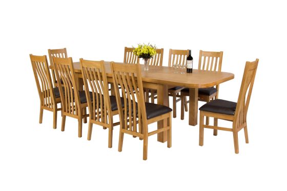 Country Oak 280cm Extending Oak Table and 10 Chelsea Brown Leather Chairs - SPRING SALE