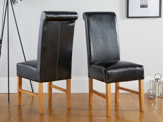 Emperor Black Leather Scroll Back Dining Chairs with Oak Legs