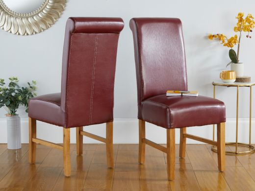 Scroll Back Emperor Red Leather Oak Dining Chairs