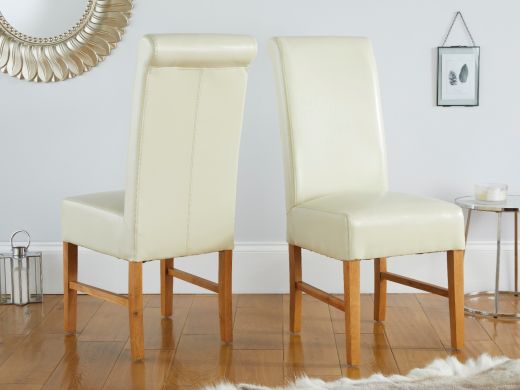Emperor Cream Leather Scroll Back Dining Chairs with Solid Oak Legs