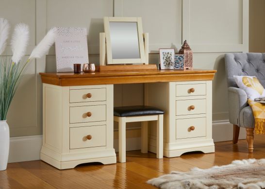 Farmhouse Country Oak Cream Painted Large Double Pedestal Dressing Table