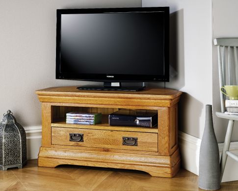 Farmhouse Oak Corner TV Unit with Drawer - 10% OFF SPRING SALE