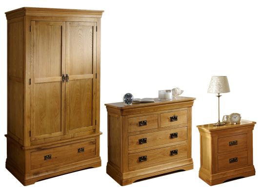 Farmhouse Oak Bedroom Furniture Set - Double wardrobe, 2 over 2 chest & 2 drawer bedside - WINTER SALE