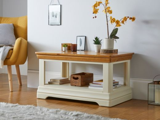 Farmhouse Cream Painted Oak Coffee Table with Shelf