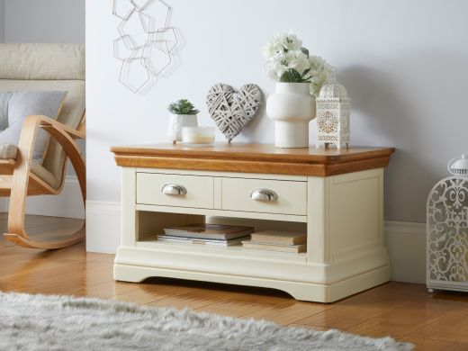 Farmhouse Cream Painted Oak Coffee Table with Drawers and shelf