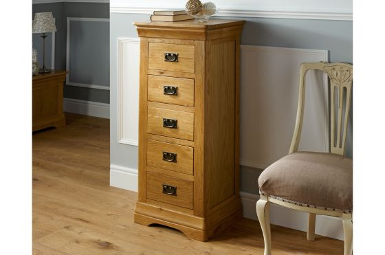 Farmhouse Country Oak 5 Drawer Tallboy Narrow Chest of Drawers - SPRING SALE