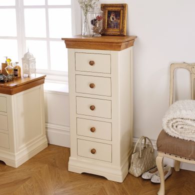Farmhouse Country Oak Cream Painted 5 Drawer Tallboy Chest of Drawers - SPRING SALE