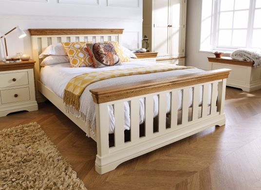 Farmhouse Country Oak Cream Painted Slatted 4ft 6 Inches Double Bed - SPRING SALE