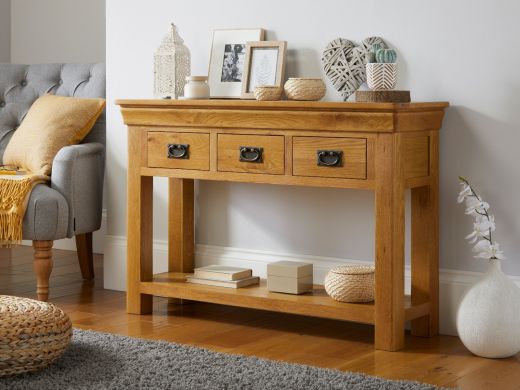 Farmhouse 3 Drawer Large Oak Console Table - French Inspired Design