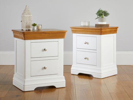 Pair of Farmhouse White Painted 2 Drawer Oak Bedside Tables