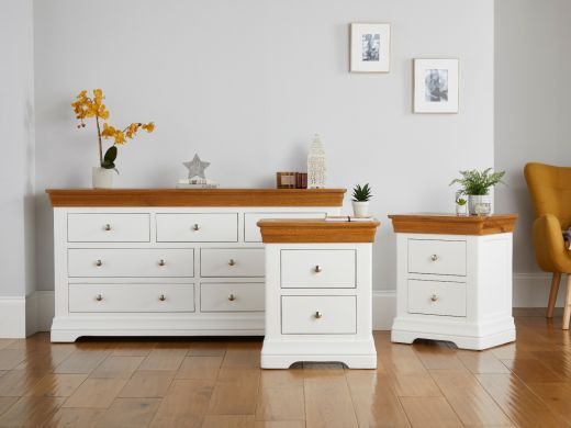 Farmhouse White Painted 3 over 4 chest of drawers and pair of Bedside Tables