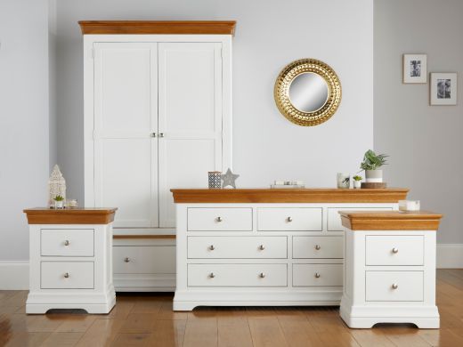 Farmhouse White Painted Oak Bedroom Set, Double Wardrobe, Large Chest of Drawers and Pair of Bedside Tables