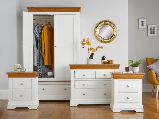 Farmhouse White Painted Oak Bedroom Set, Wardrobe, Chest of Drawers and Pair of Bedside Tables