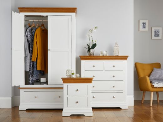 Farmhouse White Painted Oak Bedroom Set, Wardrobe, Chest of Drawers and Bedside Table - wardrobe open