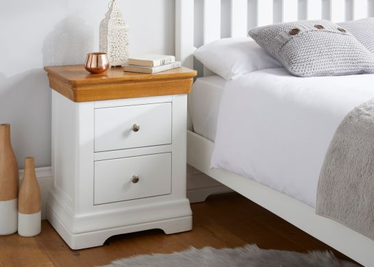 Farmhouse White Painted 2 Drawer Oak Bedside Table