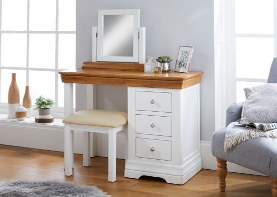 Farmhouse White Painted Oak Dressing Table Mirror Stool Set