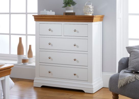 Farmhouse White Painted 2 Over 3 Oak Chest of Drawers