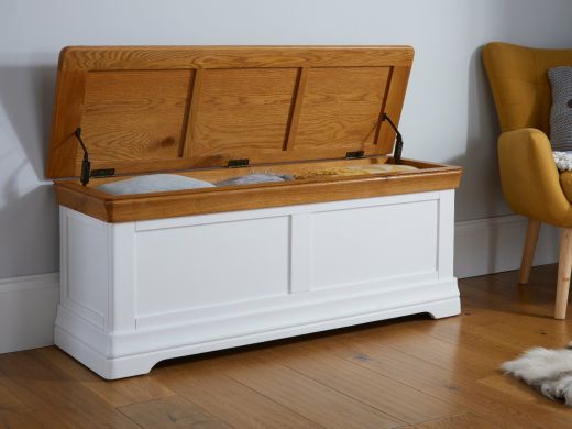 Farmhouse White Painted Large Oak Blanket Storage Box